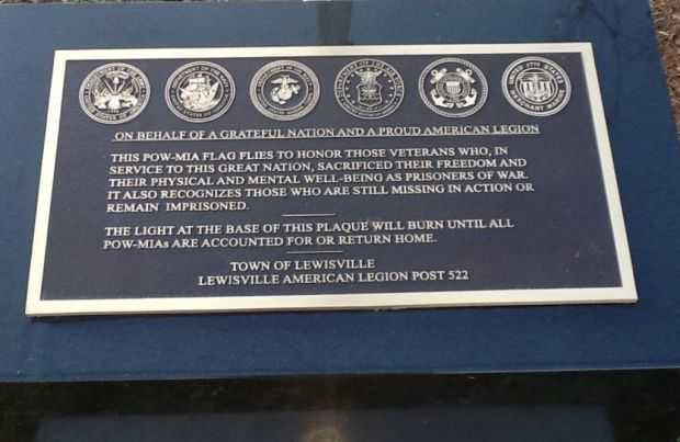 TOWN OF LEWISVILLE ALL VETERANS MEMORIAL POW MIA PLAQUE