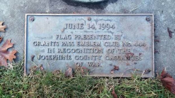 JOSEPHINE COUNTY CASUALTIES OF WAR MEMORIAL FLAGPOLE PLAQUE A