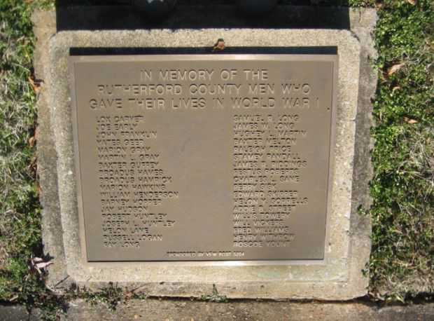 RUTHERFORD COUNTY WORLD WAR I DEAD MEMORIAL PLAQUE