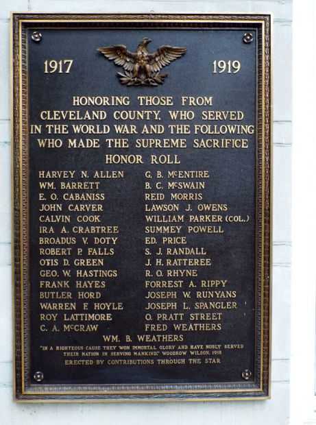 CLEVELAND COUNTY WORLD WAR I HONOR ROLL MEMORIAL PLAQUE