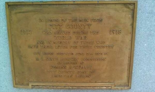 PITT COUNTY WORLD WAR I MEMORIAL BRIDGE PLAQUE