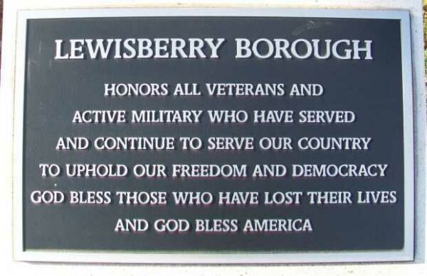 LEWISBERRY BOROUGH ALL VETERANS MEMORIAL PLAQUE