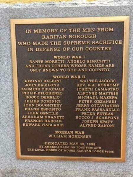 RARITAN BOROUGH SURPEME SACRIFICE WAR MEMORIAL PLAQUE