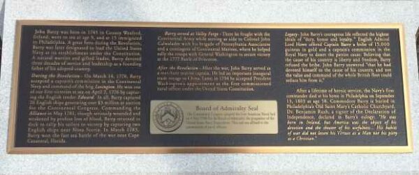 COMMODORE JOHN BARRY COMMISSION NUMBER ONE MEMORIAL PLAQUE B