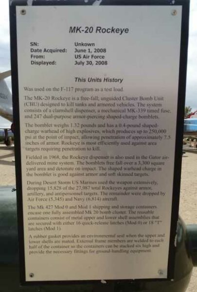 MK-20 ROCKEYE CLUSTER BOMB UNIT MEMORIAL PLAQUE