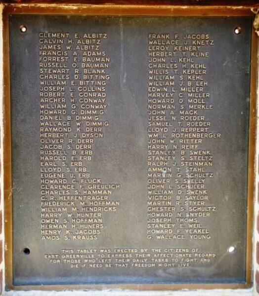 EAST GREENVILLE WORLD WAR I MEMORIAL HONOR ROLL PLAQUE