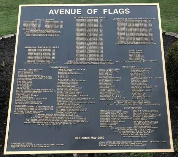 ERIE AVENUE OF FLAGS MEMORIAL PLAQUE