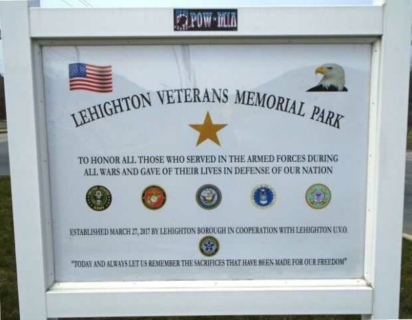 LEHIGHTON VETERANS MEMORIAL PARK PLAQUE
