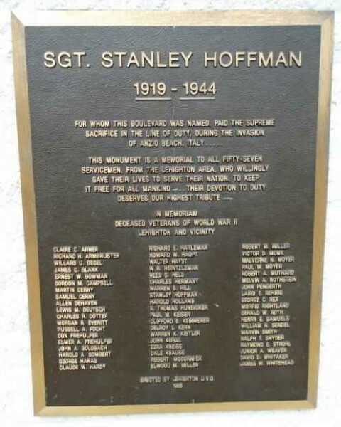 LEHIGHTON AREA WORLD WAR II HONORED DEAD MEMORIAL PLAQUE