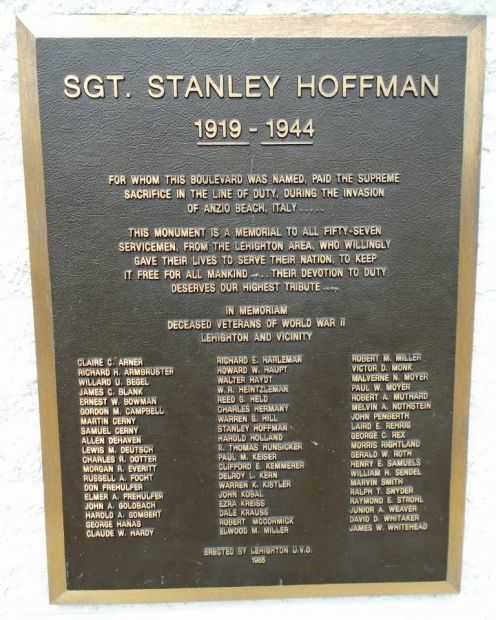 LEHIGHTON AREA WORLD WAR II HONORED DEAD MEMORIAL PLAQUE