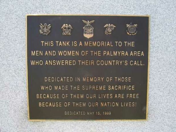 PALMYRA AREA VETERANS MEMORIAL TANK PLAQUE