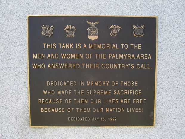 PALMYRA AREA VETERANS MEMORIAL TANK PLAQUE