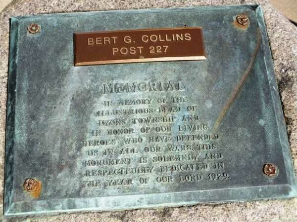 LYONS TOWNSHIP WAR VETERANS MEMORIAL PLAQUE