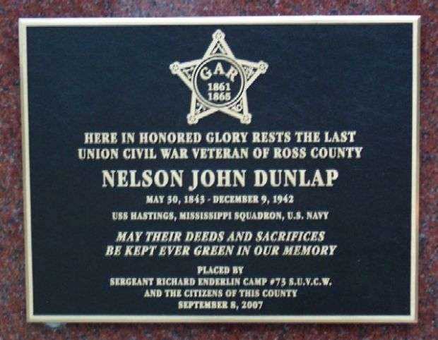 NELSON JOHN DUNLAP WAR MEMORIAL PLAQUE