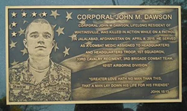 CORPORAL JOHN M. DAWSON WAR MEMORIAL PLAQUE