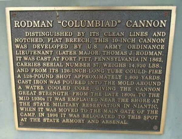 RODMAN “COL;UMBIAD” CANNON MEMORIAL PLAQUE
