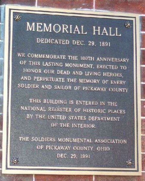 PICKAWAY COUNTY WAR MEMORIAL BUILDING PLAQUE