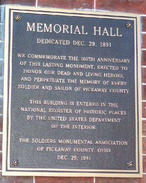 PICKAWAY COUNTY WAR MEMORIAL BUILDING PLAQUE