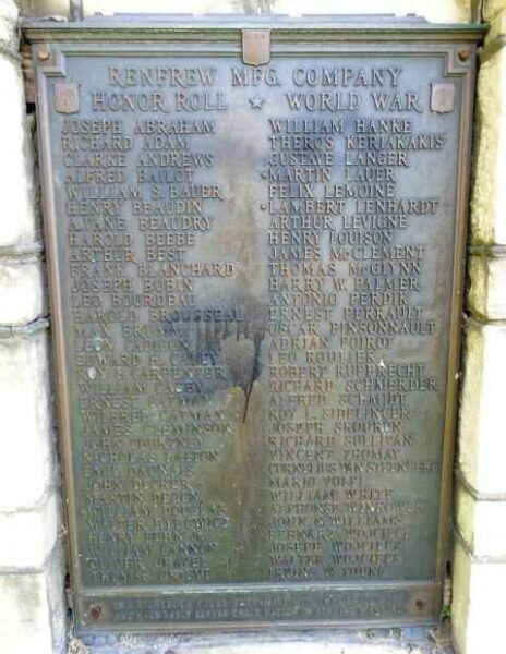 RENFREW MFG. COMPANY HONOR ROLL WORLD WAR MEMORIAL PLAQUE A