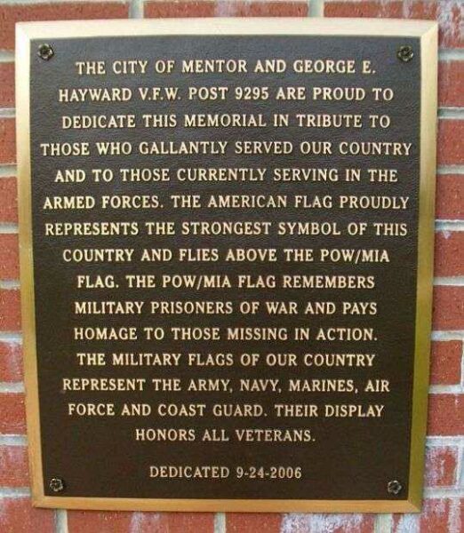 MENTOR VETERANS MEMORIAL PLAQUE