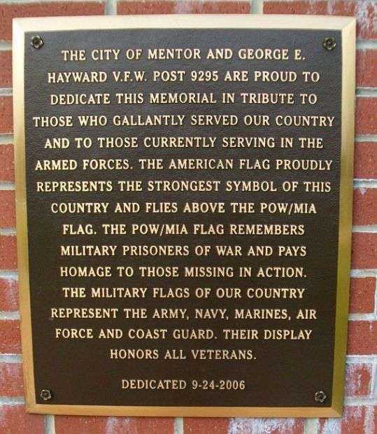 MENTOR VETERANS MEMORIAL PLAQUE