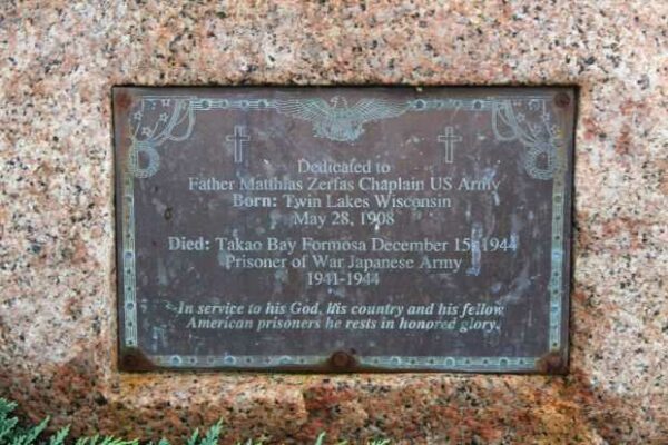 FATHER MATTHIAS ZERFAS CHAPLAIN US ARMY WAR MEMORIAL PLAQUE