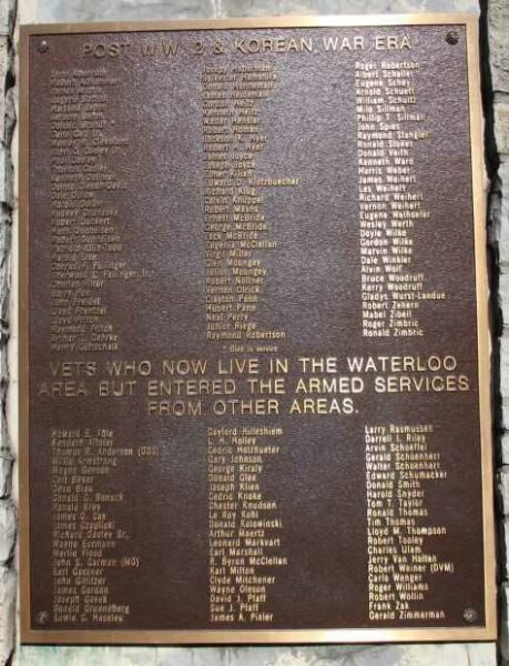 WATERLOO VETERANS HONOR ROLL MEMORIAL PLAQUE C