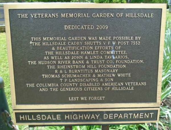 THE VETERANS MEMORIAL GARDEN OF HILLSDALE PLAQUE A