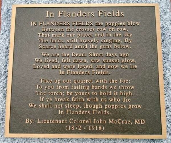 IN FLANDERS FIELDS WAR MEMORIAL PLAQUE