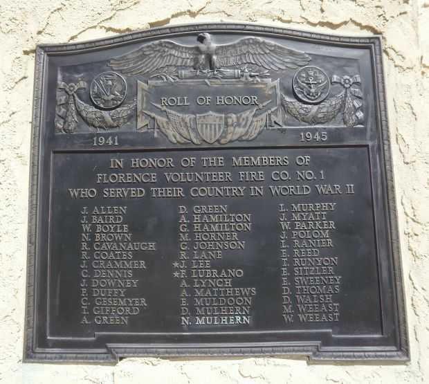 FLORENCE VOLUNTEER FIRE CO. NO. 1 WORLD WAR II VETERANS MEMORIAL PLAQUE
