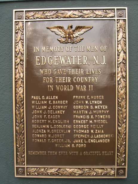 EDGEWATER,. N.J. WORLD WAR II MEMORIAL PLAQUE