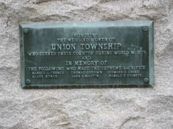 UNION TOWNSHIP WORLD WAR II MEMORIAL PLAQUE