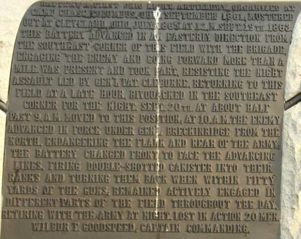 CAPT. GOODSPEED;S BATTERY A WAR MEMORIAL PLAQUE