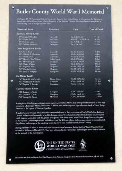 BUTLER COUNTY WORLD WAR I MEMORIAL PLAQUE