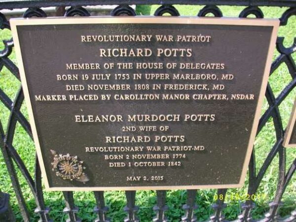 RICHARD POTTS REVOLUTIONARY WAR PATRIOT MEMORIAL PLAQUE