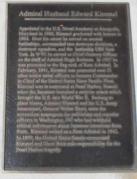 ADMIRAL HUSBAND EDWARD KIMMEL WAR MEMORIAL PLAQUE