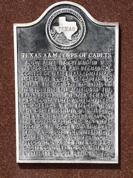 TEXAS A & M CORPS OF CADETS MEMORIAL PLAQUE
