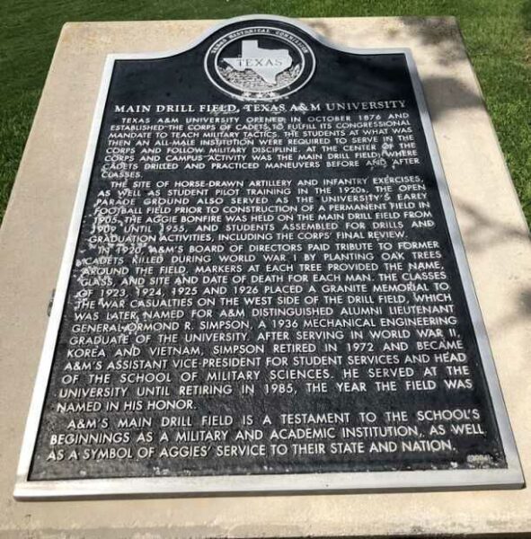 MAIN DRILL FIELD TEXAS A & M UNIVERSITY MEMORIAL PLAQUE