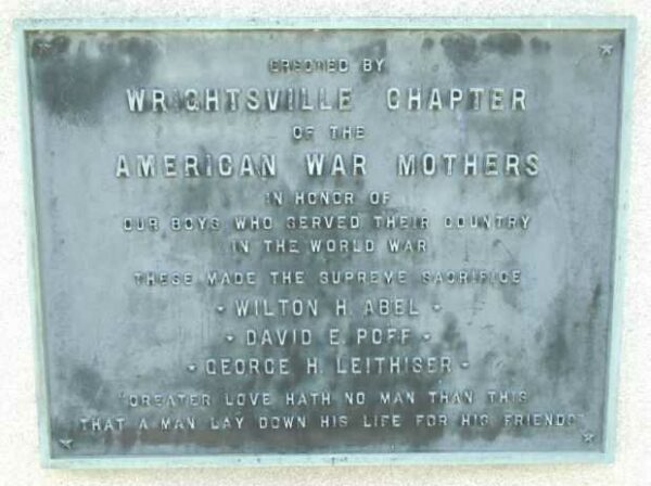 WRIGHTSVILLE AMERICAN WAR MOTHERS WORLD WAR MEMORIAL PLAQUE