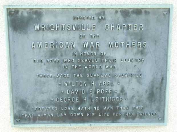WRIGHTSVILLE AMERICAN WAR MOTHERS WORLD WAR MEMORIAL PLAQUE
