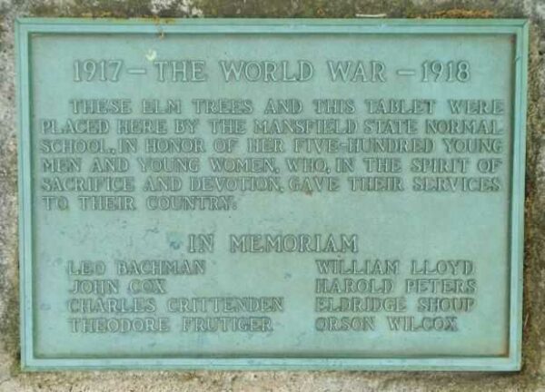 MANSFIELD STATE NORMAL SCHOOL MEMORIAL ELM TREES PLAQUE