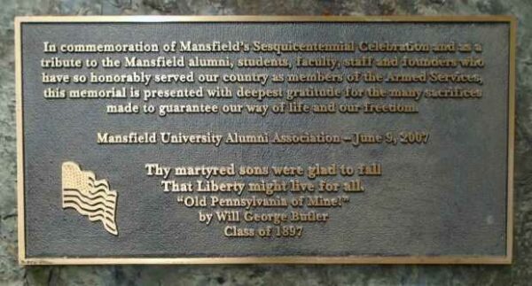 MANSFIELD UNIVERSITY ALUMNI ASSOCIATION VETERANS MEMORIAL PLAQUE