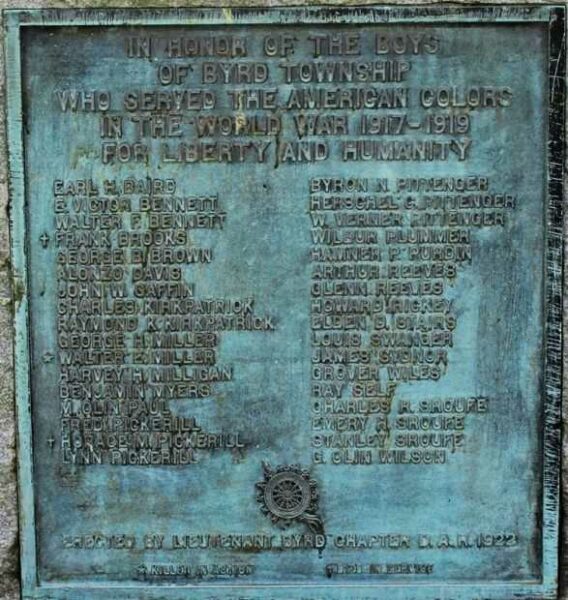 BYRD TOWNSHIP WORLD WAR MEMORIAL PLAQUE