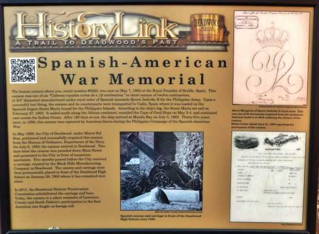 DEADWOOD SPANISH-AMERICAN WAR MEMORIAL CANNON PLAQUE