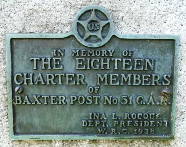 BAXTER POST NO 51 G.A.R. WAR MEMORIAL PLAQUE A