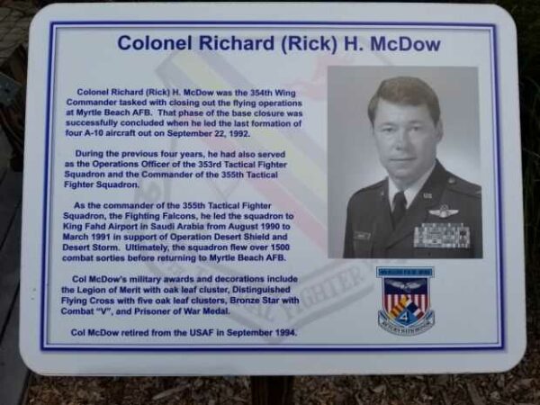 COLONEL RICHARD (RICK) H. MCDOW WAR MEMORIAL PLAQUE