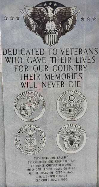 CHEROKEE COUNTY WAR VETERANS MEMORIAL DEDICATION STONE