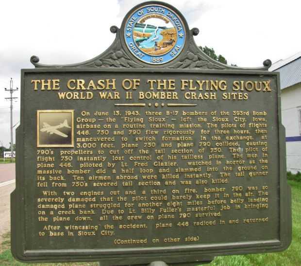 THE CRASH OF THE FLYING SIOUX MEMORIAL MARKER FRONT