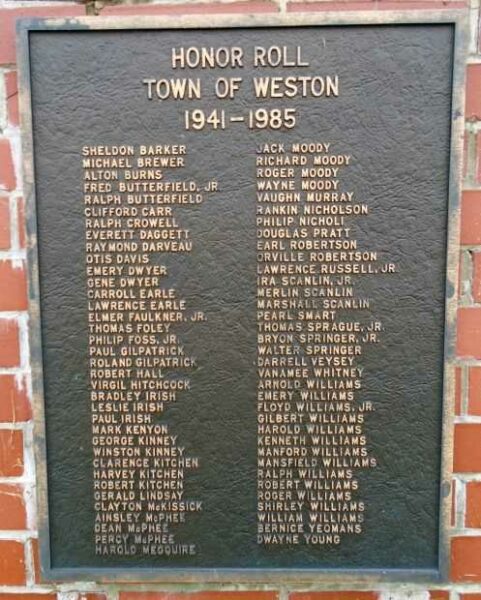 TOWN OF WESTON HONOR ROLL MEMORIAL PLAQUE