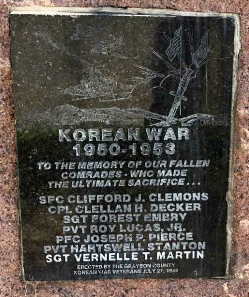 GRAYSON COUNTY KOREAN WAR MEMORIAL PLAQUE
